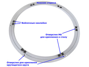 Механизм имеет отверстия для крепления к столу винтами М6, а к крутящемуся кругу - саморезами